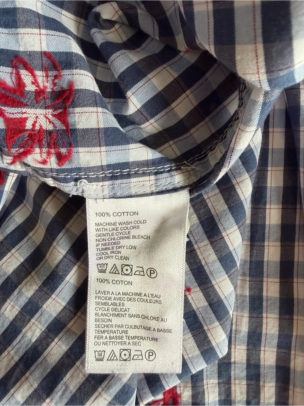 Tommy Bahama Men’s Blue and White Gingham Button-Down with Red Palm Print